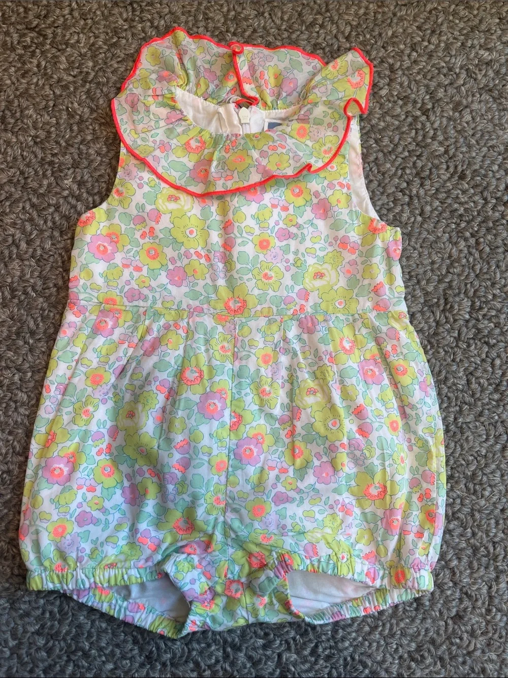 Jacadi Floral Ruffle Neck Baby Romper in Pink & Green